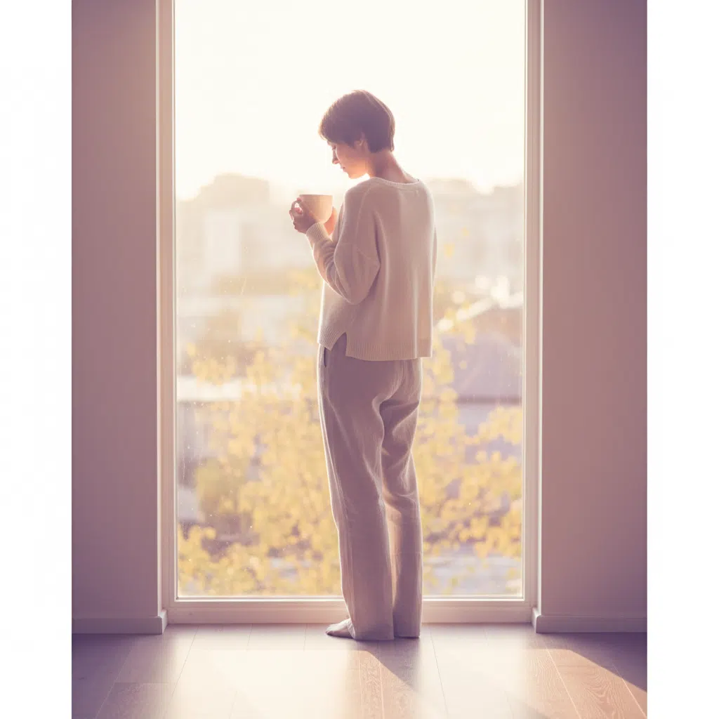 Anonyme Frau von hinten, hält Kaffeetasse am Fenster - ruhige Morgenszene