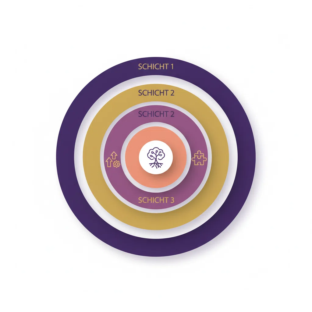 Abstrakte Infografik mit drei Kreisebenen in Violett und Gold - symbolische Darstellung von Nährstoffschichten, kein medizinisches Diagramm